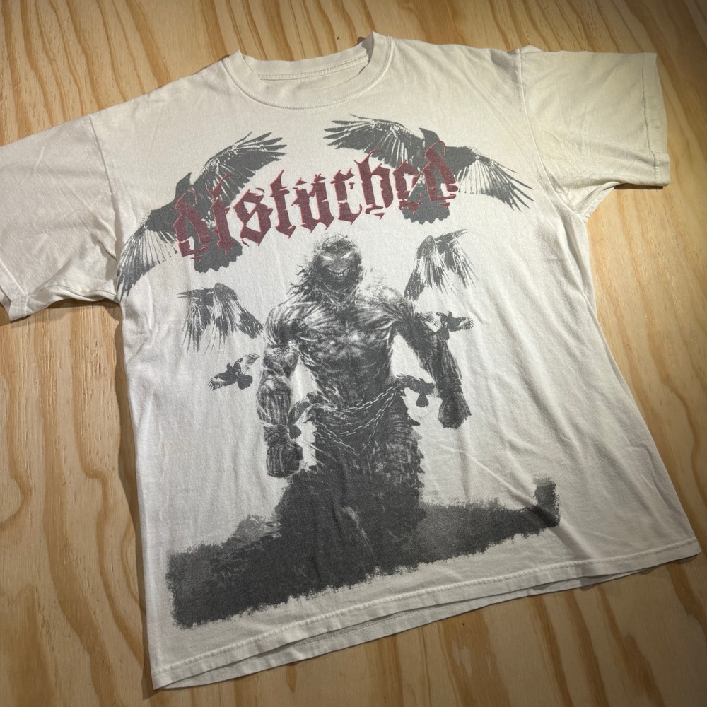 Disturbed Men's Ravens Dare Graphic Band T-Shirt White Rock Concert Tee Size L